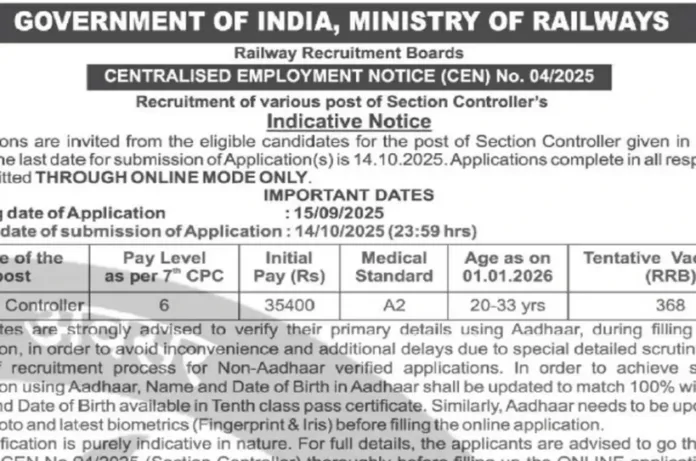 RRB Vacancy 2025: रेलवे में सेक्शन कंट्रोलर के 368 पदों पर नई भर्ती
